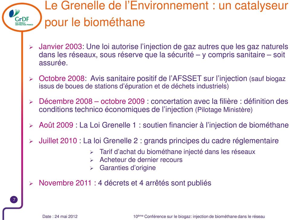 Octobre 2008: Avis sanitaire positif de l AFSSET sur l injection (sauf biogaz issus de boues de stations d épuration et de déchets industriels) Décembre 2008 octobre 2009 : concertation avec la