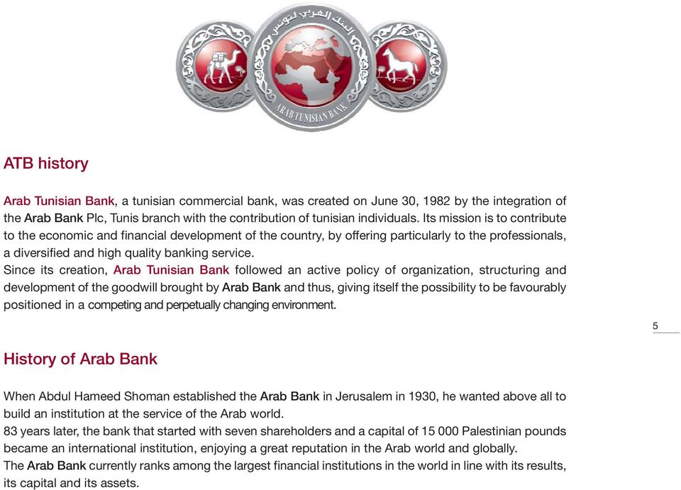 Since its creation, Arab Tunisian Bank followed an active policy of organization, structuring and development of the goodwill brought by Arab Bank and thus, giving itself the possibility to be