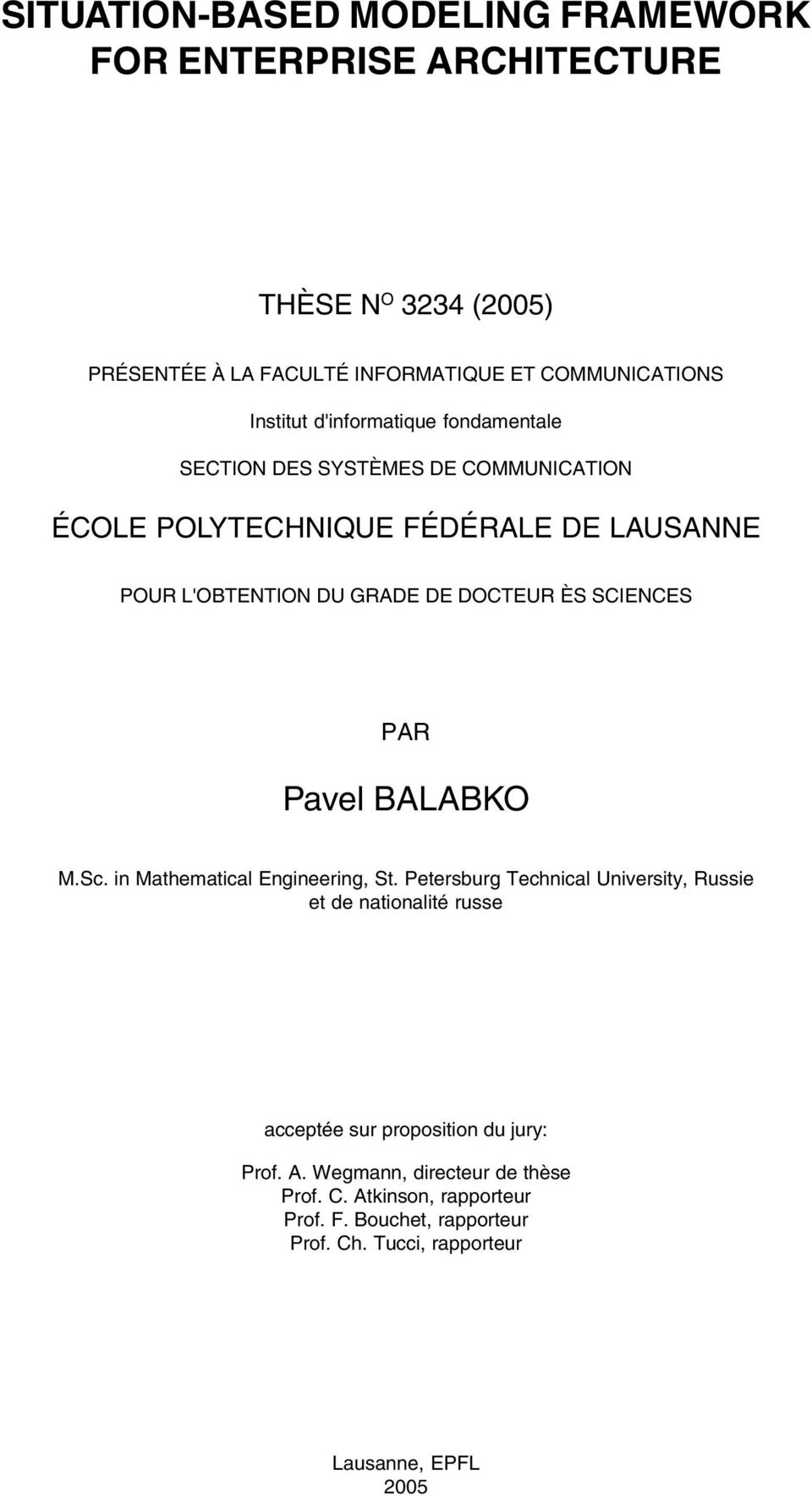 SCIENCES PAR Pavel BALABKO M.Sc. in Mathematical Engineering, St.