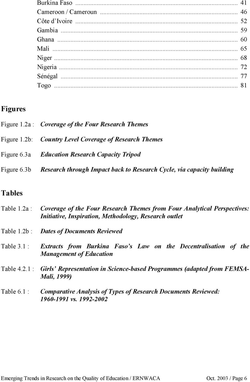3b Country Level Coverage of Research Themes Education Research Capacity Tripod Research through Impact back to Research Cycle, via capacity building Tables Table 1.2a : Table 1.2b : Table 3.