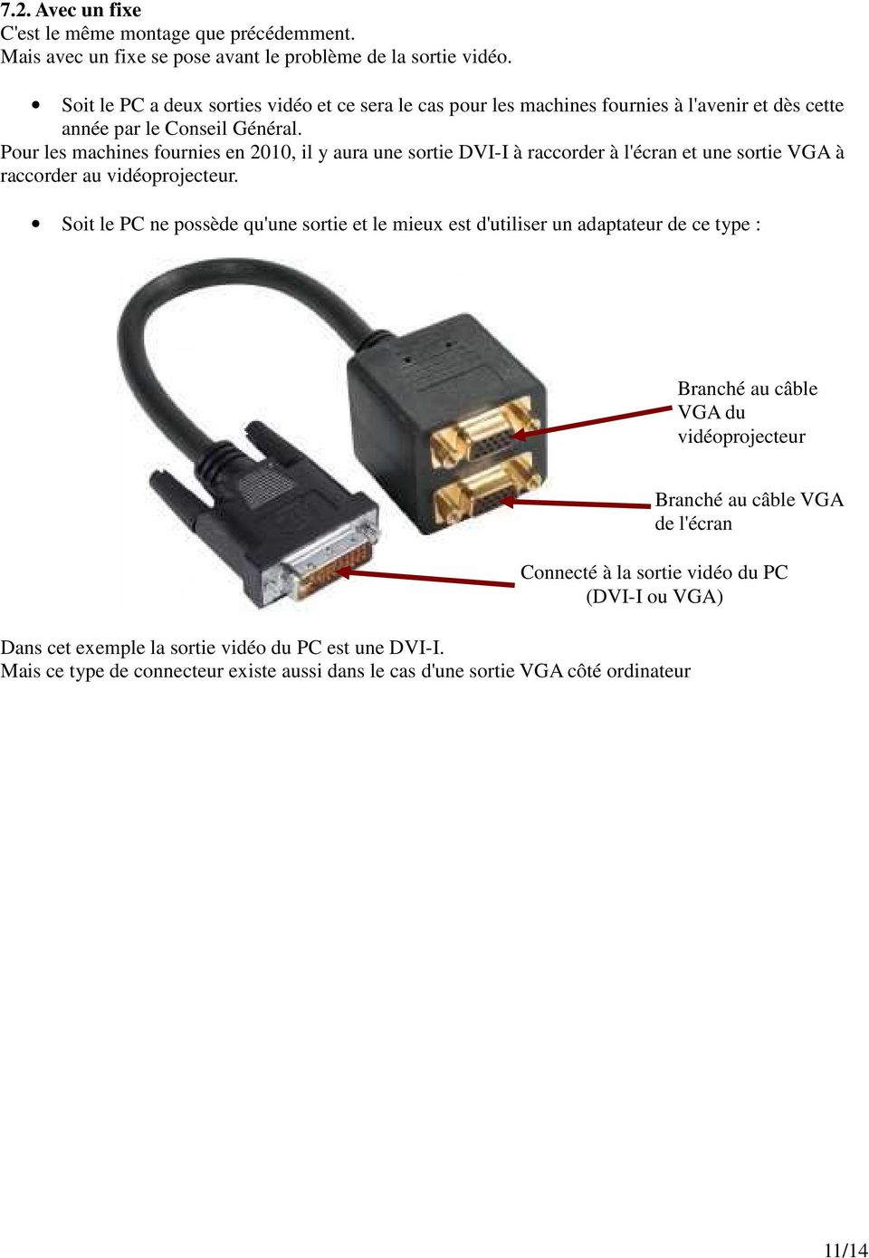 Pour les machines fournies en 2010, il y aura une sortie DVI-I à raccorder à l'écran et une sortie VGA à raccorder au vidéoprojecteur.