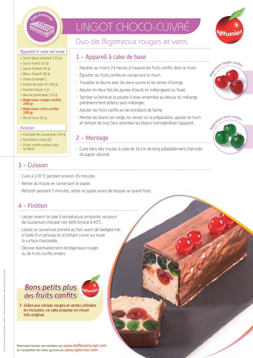 le décor 3 > Cuisson lingot choco-cuivré Duo de Bigarreaux rouges et verts 1 > Appareil à cake de base y Macérer au moins 24 heures à l avance les fruits confits dans le rhum.