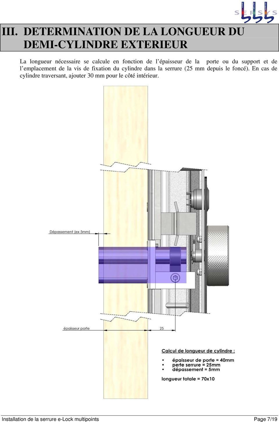 l emplacement de la vis de fixation du cylindre dans la serrure (25 mm depuis le