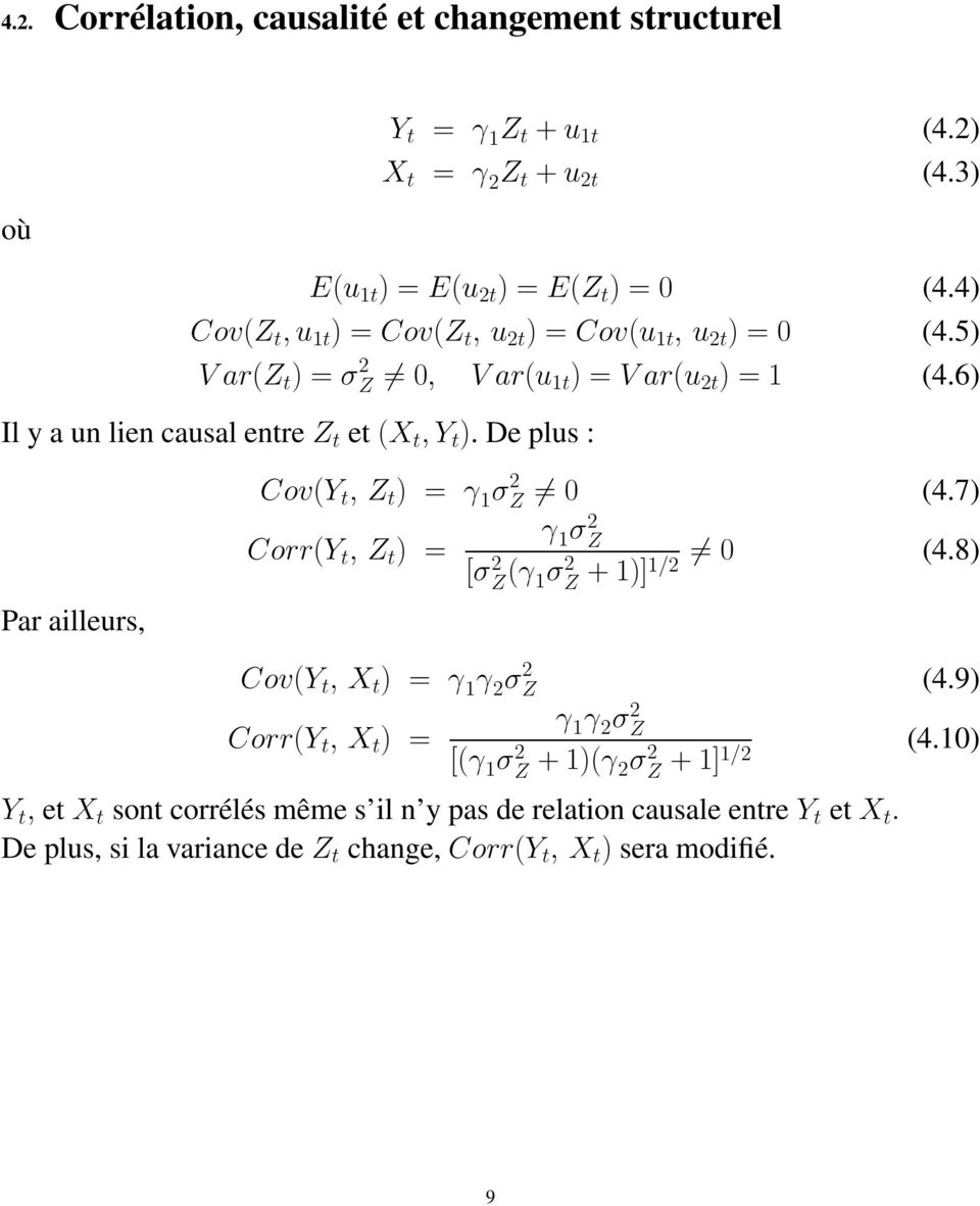 De plus : Cov(Y t, Z t ) = γ 1 σ 2 Z 0 (4.7) Par ailleurs, Corr(Y t, Z t ) = γ 1 σ 2 Z [σ 2 Z (γ 1σ 2 0 (4.8) Z + 1)]1/2 Cov(Y t, X t ) = γ 1 γ 2 σ 2 Z (4.