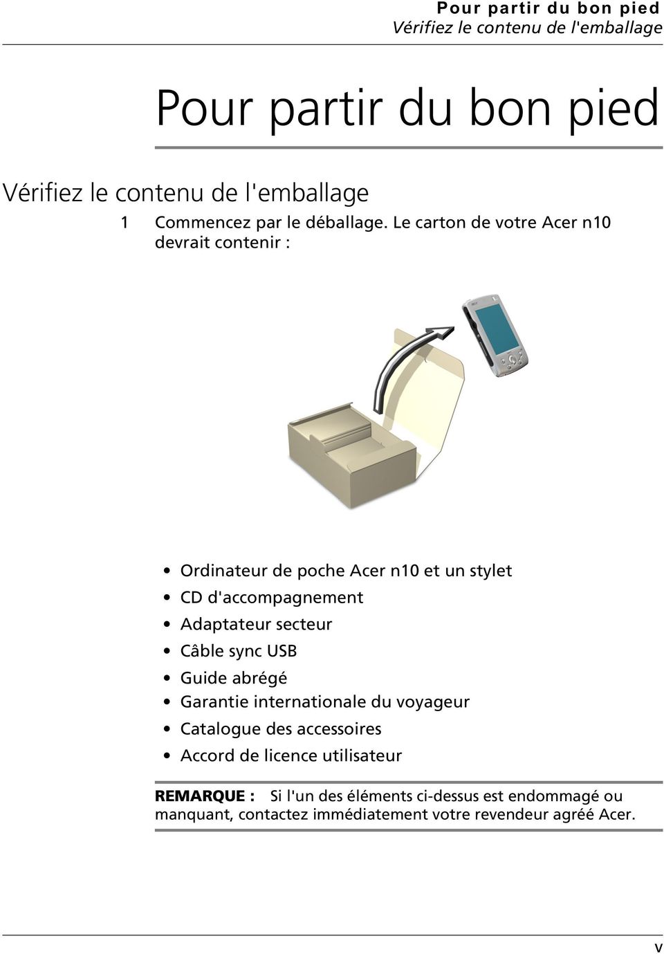 secteur Câble sync USB Guide abrégé Garantie internationale du voyageur Catalogue des accessoires Accord de licence