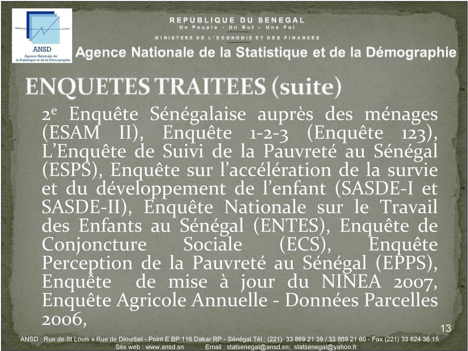 Nationale sur le Travail des Enfants au Sénégal (ENTES), Enquête de Conjoncture Sociale (ECS), Enquête Perception de la