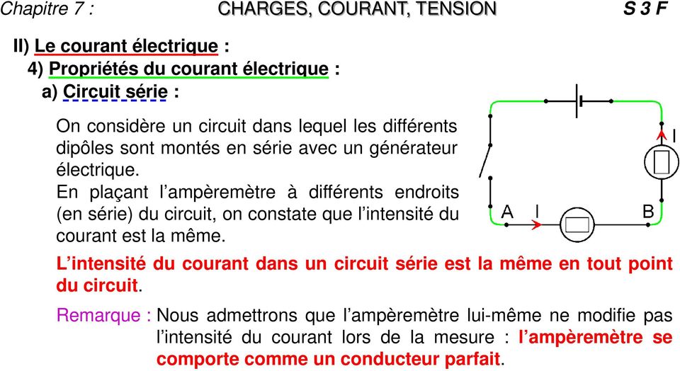 En plaçant l ampèremètre à différents endroits (en série) du circuit, on constate que l intensité du courant est la même.