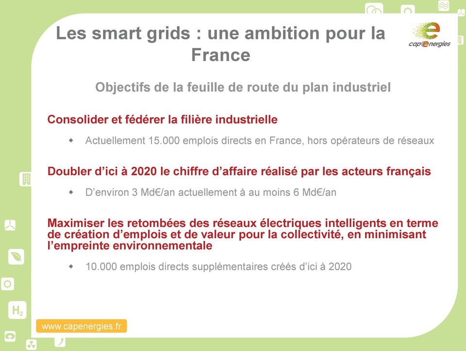 000 emplois directs en France, hors opérateurs de réseaux Doubler d ici à 2020 le chiffre d affaire réalisé par les acteurs français D environ