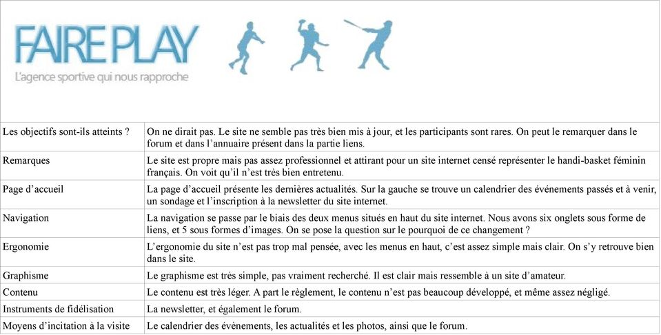 Remarques Le site est propre mais pas assez professionnel et attirant pour un site internet censé représenter le handi-basket féminin français. On voit qu il n est très bien entretenu.