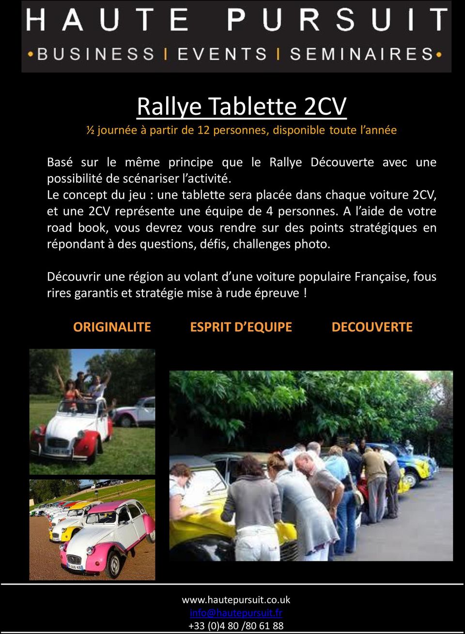 Le concept du jeu : une tablette sera placée dans chaque voiture 2CV, et une 2CV représente une équipe de 4 personnes.