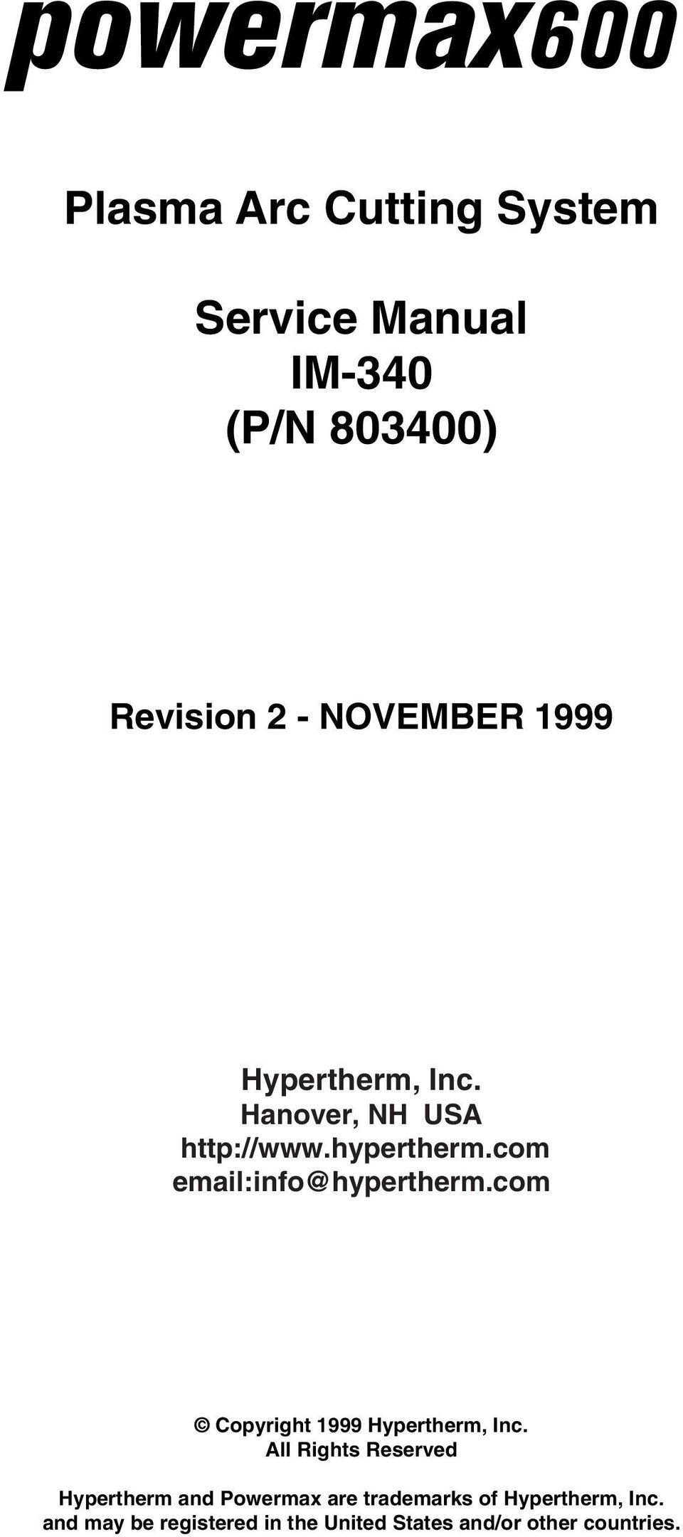 com email:info@hypertherm.com Copyright 1999 Hypertherm, Inc.