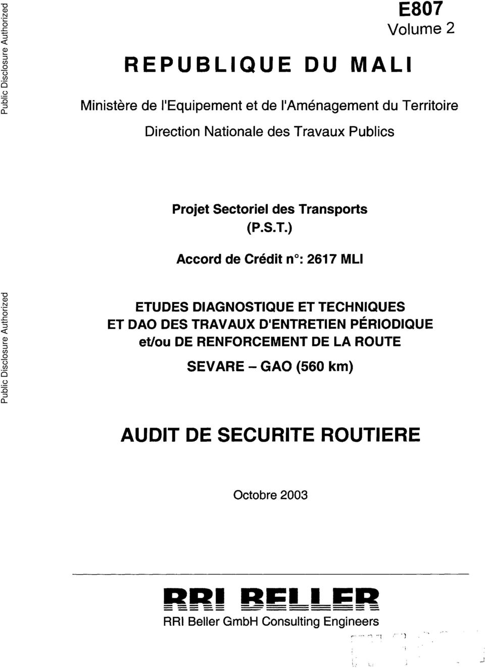 avaux Publics Public Disclosure Authorized Projet Sectoriel des Tr