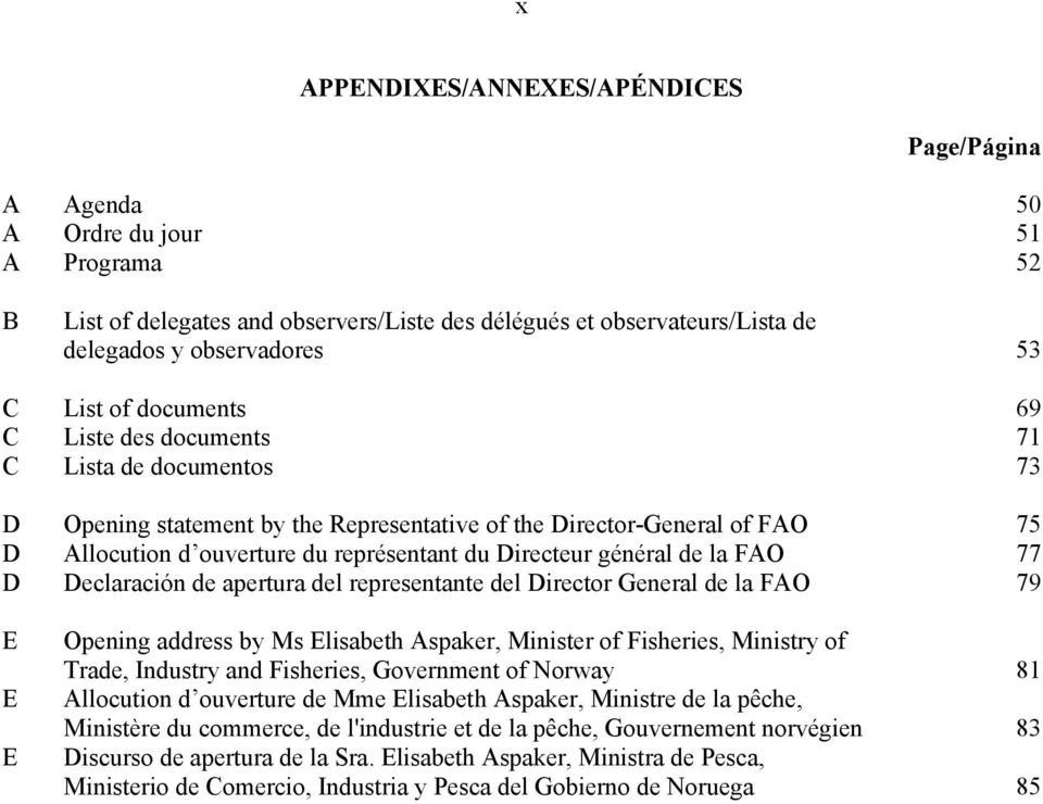 Directeur général de la FAO 77 D Declaración de apertura del representante del Director General de la FAO 79 E E E Opening address by Ms Elisabeth Aspaker, Minister of Fisheries, Ministry of Trade,