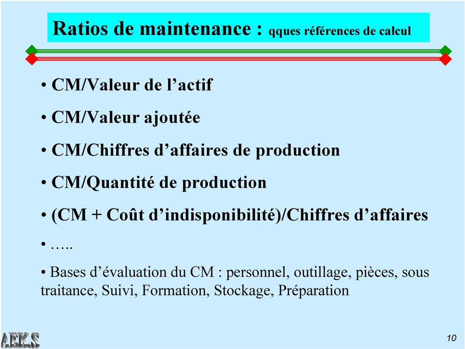 production (CM + Coût d indisponibilité)/chiffres d affaires.