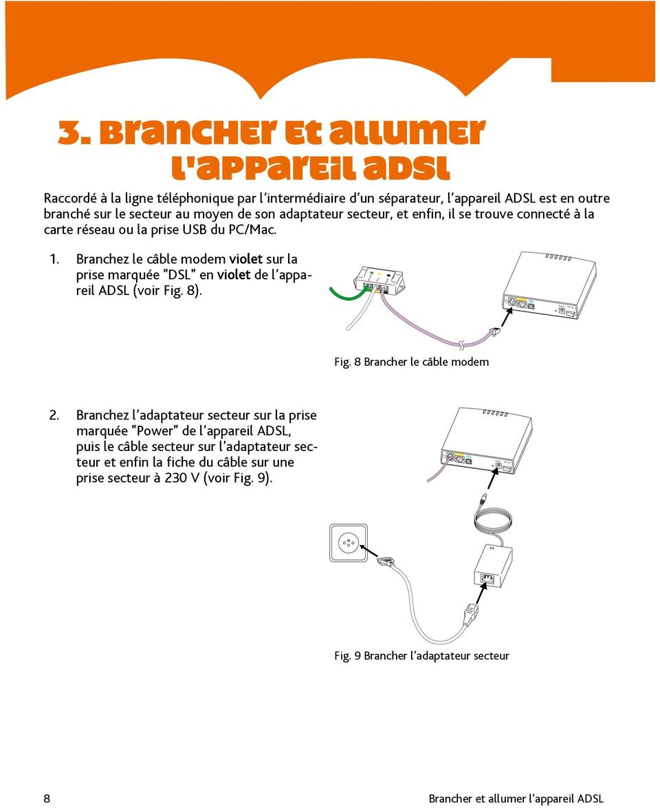 Phone Line ADSL Ethernet USB Power Off / On Fig. 8 Brancher le câble modem 2.