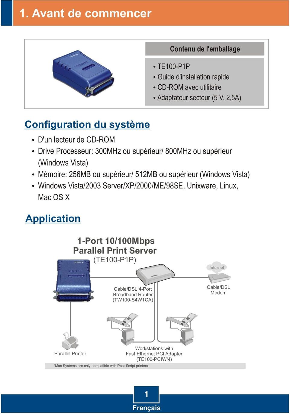 Vista/2003 Server/XP/2000/ME/98SE, Unixware, Linux, Mac OS X Application 1-Port 10/100Mbps Parallel Print Server (TE100-P1P) Internet Cable/DSL 4-Port Broadband