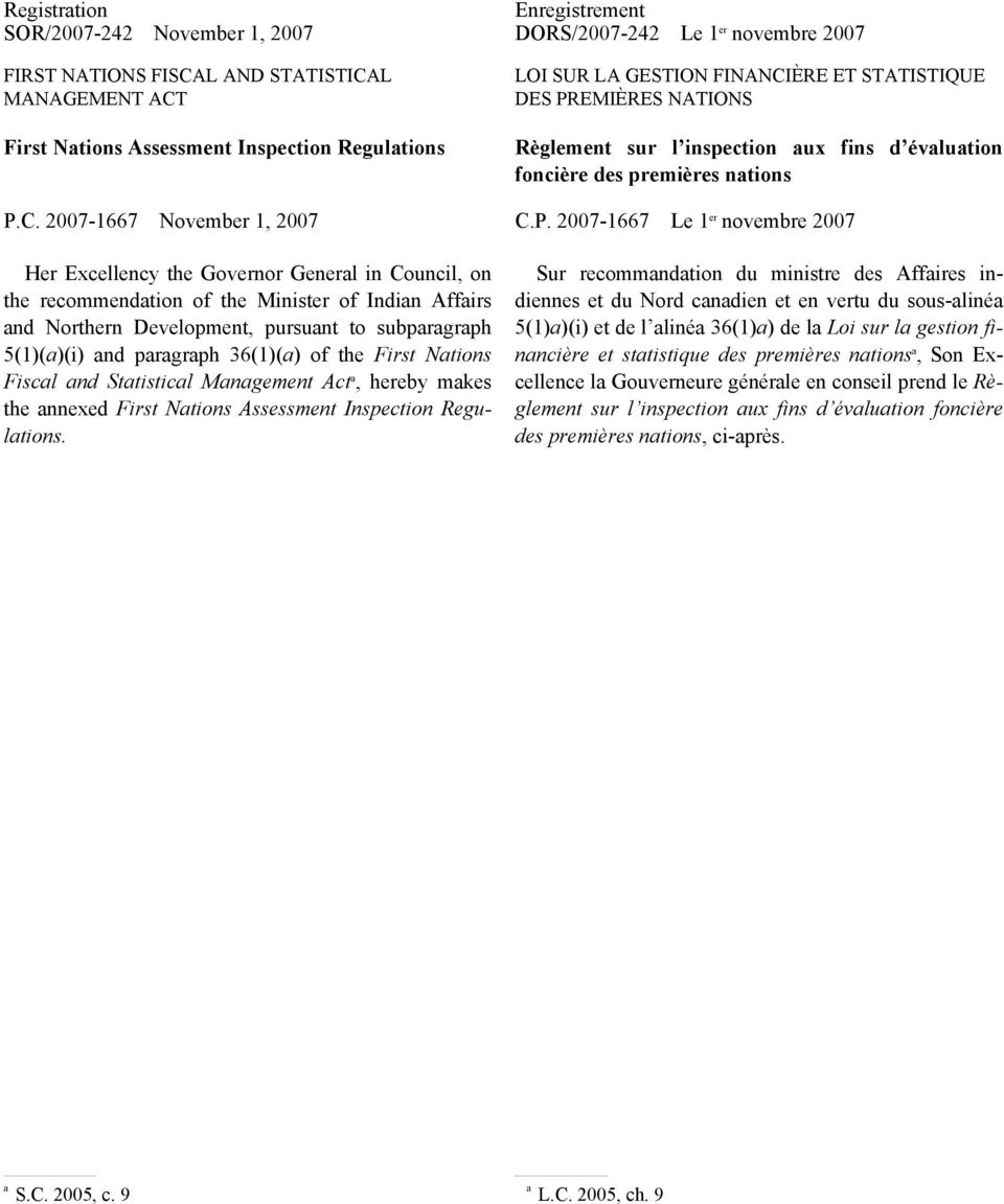 EMIÈRES NATIONS Règlement sur l inspection aux fins d évaluation foncière des premières nations P.