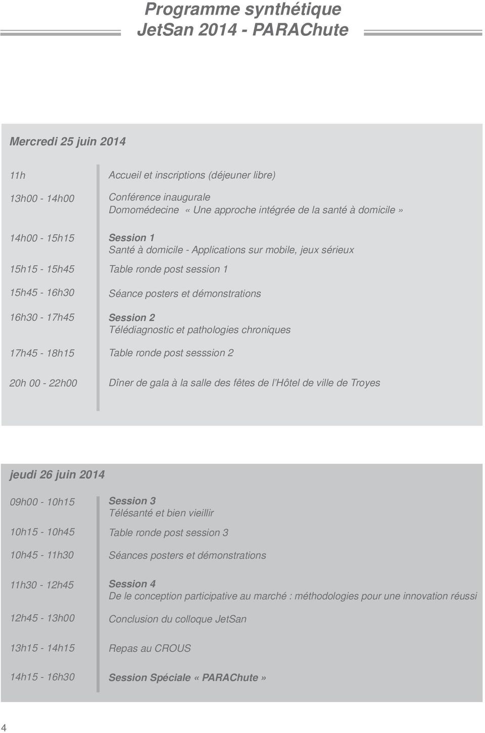 démonstrations Session 2 Télédiagnostic et pathologies chroniques Table ronde post sesssion 2 Dîner de gala à la salle des fêtes de l Hôtel de ville de Troyes jeudi 26 juin 2014 09h00-10h15