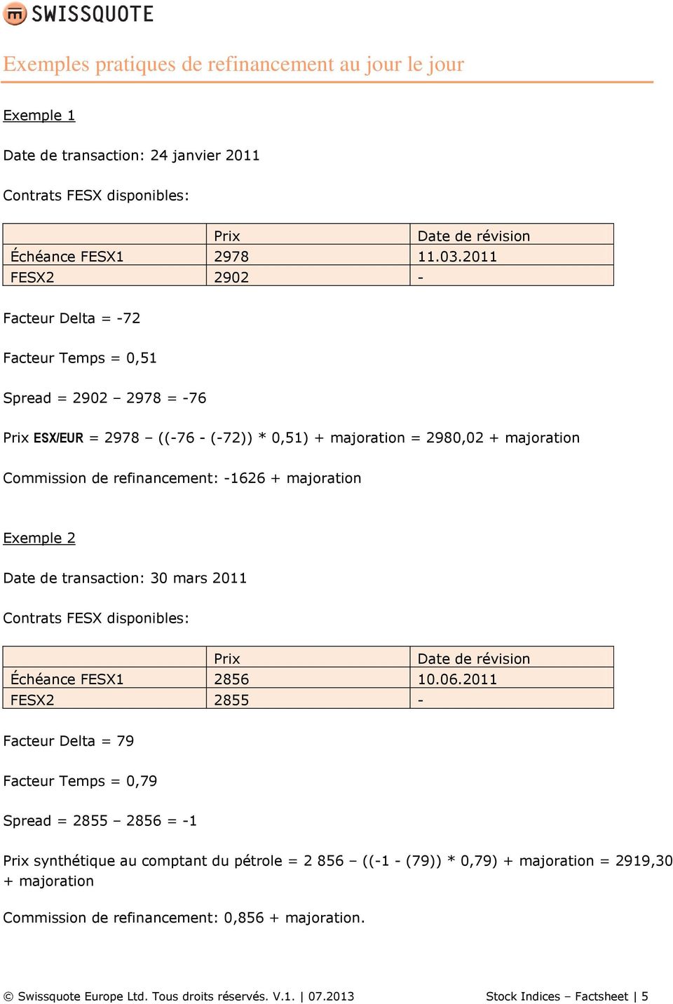 majoration Exemple 2 Date de transaction: 30 mars 2011 Contrats FESX disponibles: Prix Date de révision Échéance FESX1 2856 10.06.