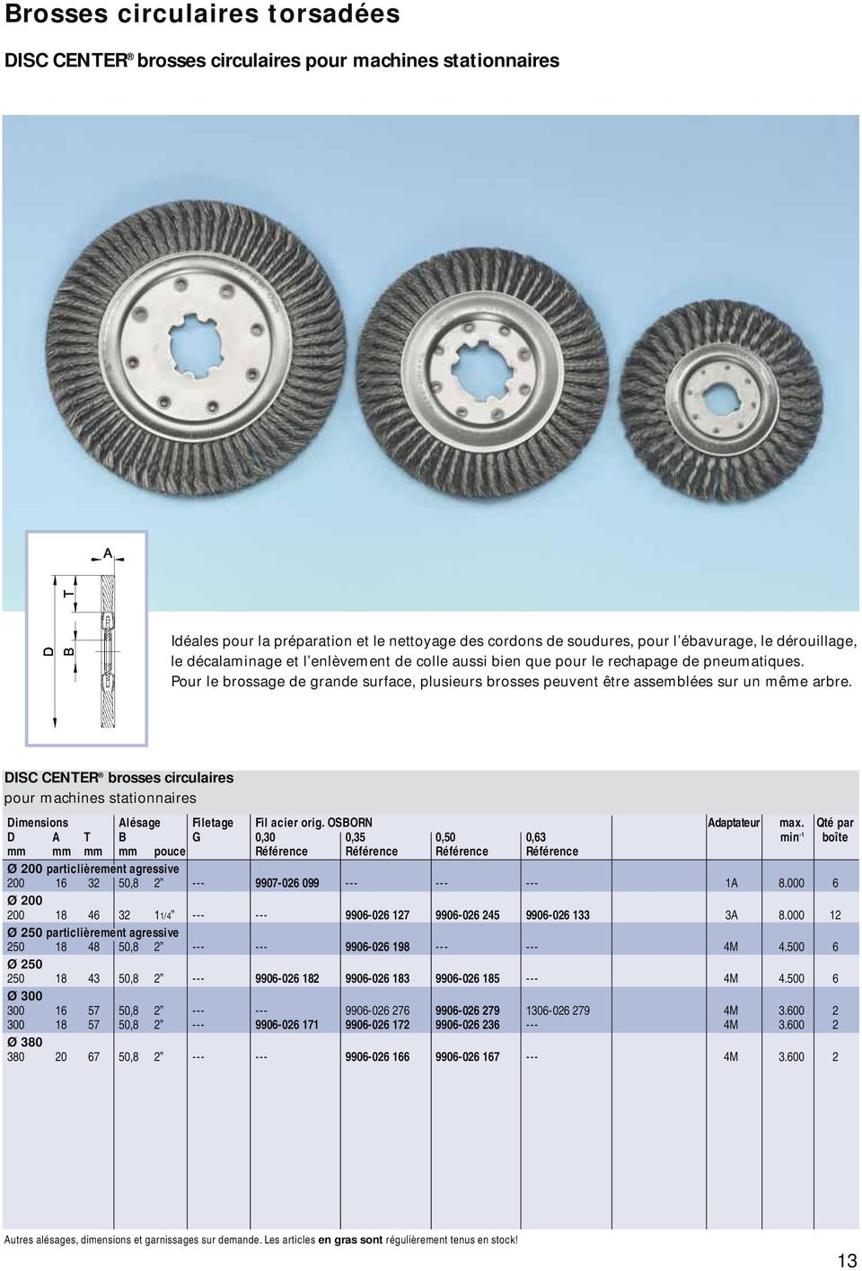 DISC CENTER brosses circulaires pour machines stationnaires Dimensions Alésage Filetage Fil acier orig. OSBORN Adaptateur max.