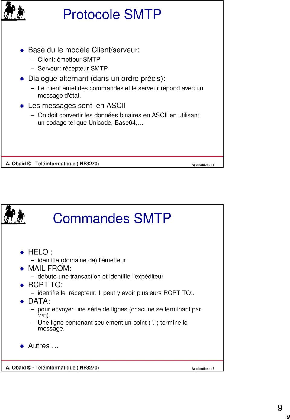 Obaid - Téléinformatique (INF3270) Applications 17 Commandes SMTP HELO : identifie (domaine de) l'émetteur MAIL FROM: débute une transaction et identifie l'expéditeur RCPT TO: identifie le