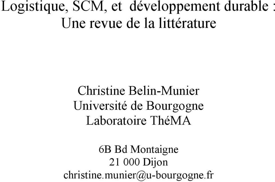 Université de Bourgogne Laboratoire ThéMA 6B Bd