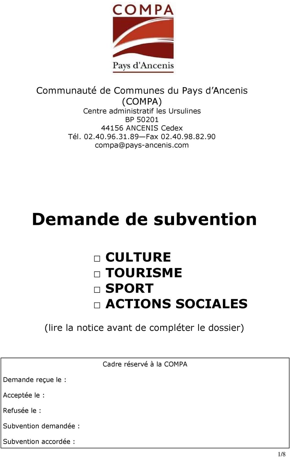 cm Demande de subventin CULTURE TOURISME SPORT ACTIONS SOCIALES (lire la ntice avant de cmpléter