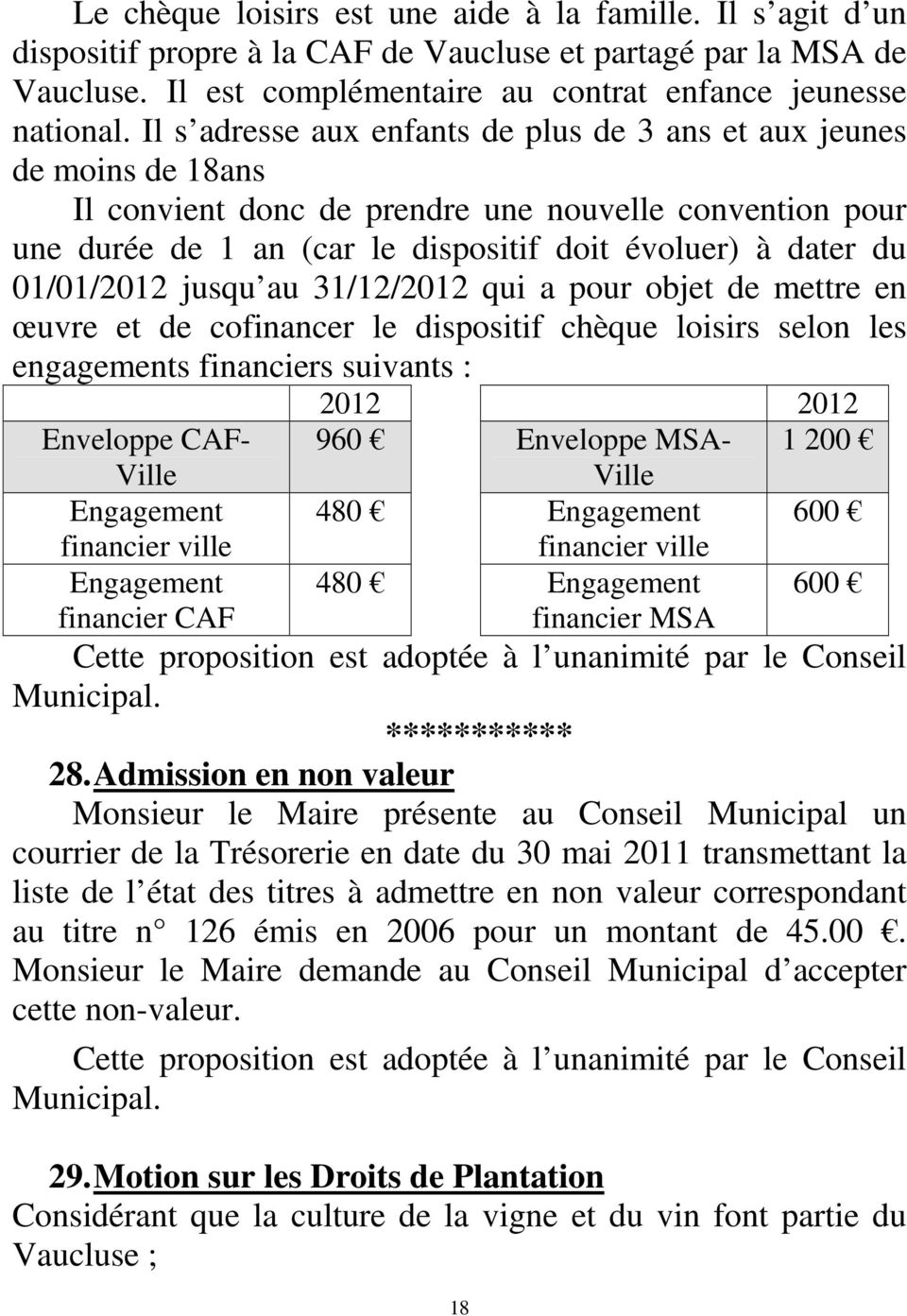01/01/2012 jusqu au 31/12/2012 qui a pour objet de mettre en œuvre et de cofinancer le dispositif chèque loisirs selon les engagements financiers suivants : Enveloppe CAF- Ville Engagement financier