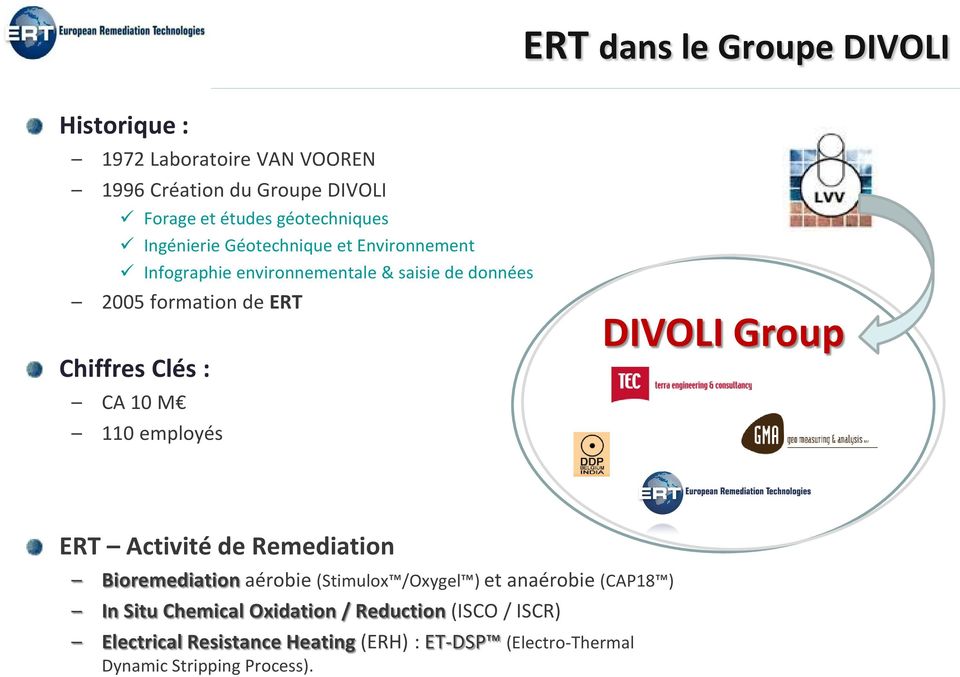 10 M 110 employés DIVOLI Group ERT Activité de Remediation Bioremediation aérobie (Stimulox /Oxygel ) et anaérobie (CAP18 ) In Situ
