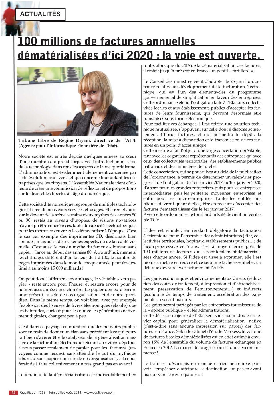Tribune Libre de Régine Diyani, directrice de l AIFE (Agence pour l Informatique Financière de l Etat).