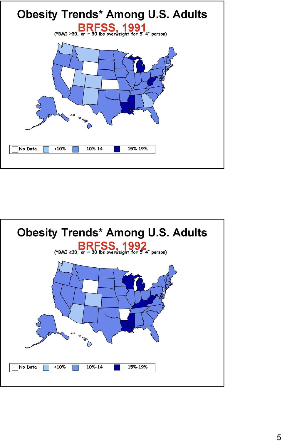 person) No Data <10% 10% 14 15% 19%  Adults BRFSS, 1992 (*BMI