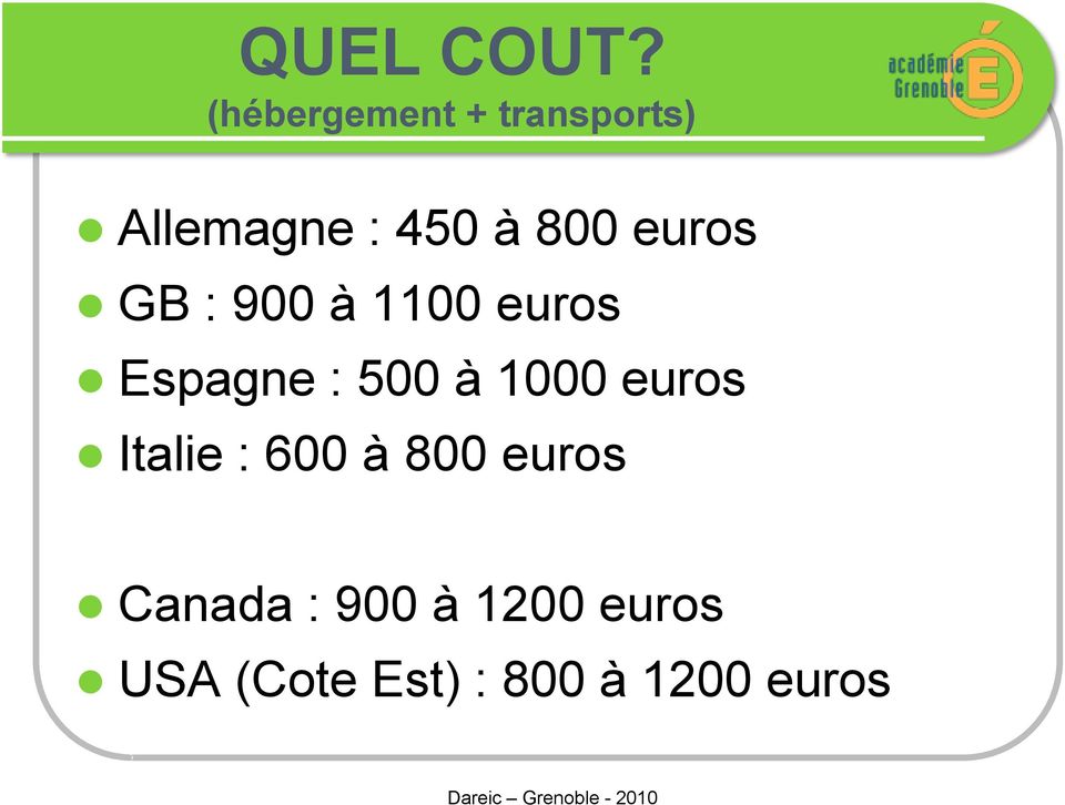 euros GB : 900 à 1100 euros Espagne : 500 à 1000