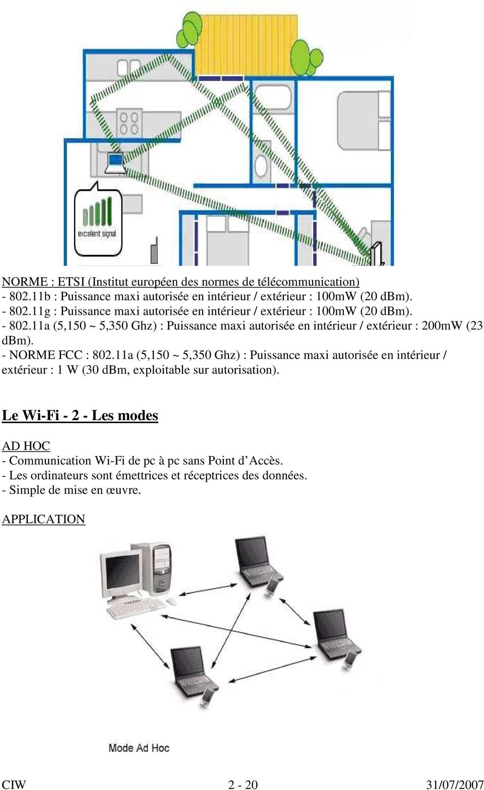 11a (5,150 ~ 5,350 Ghz) : Puissance maxi autorisée en intérieur / extérieur : 1 W (30 dbm, exploitable sur autorisation).