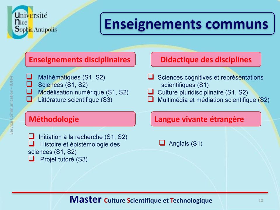 scientifiques (S1) Culture pluridisciplinaire (S1, S2) Multimédia et médiation scientifique (S2) Méthodologie