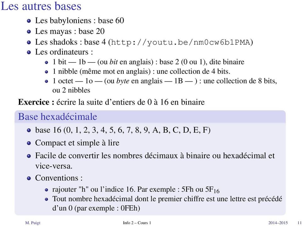 1 octet 1o (ou byte en anglais 1B ) : une collection de 8 bits, ou 2 nibbles Exercice : écrire la suite d entiers de 0 à 16 en binaire Base hexadécimale base 16 (0, 1, 2, 3, 4, 5, 6, 7, 8, 9, A,
