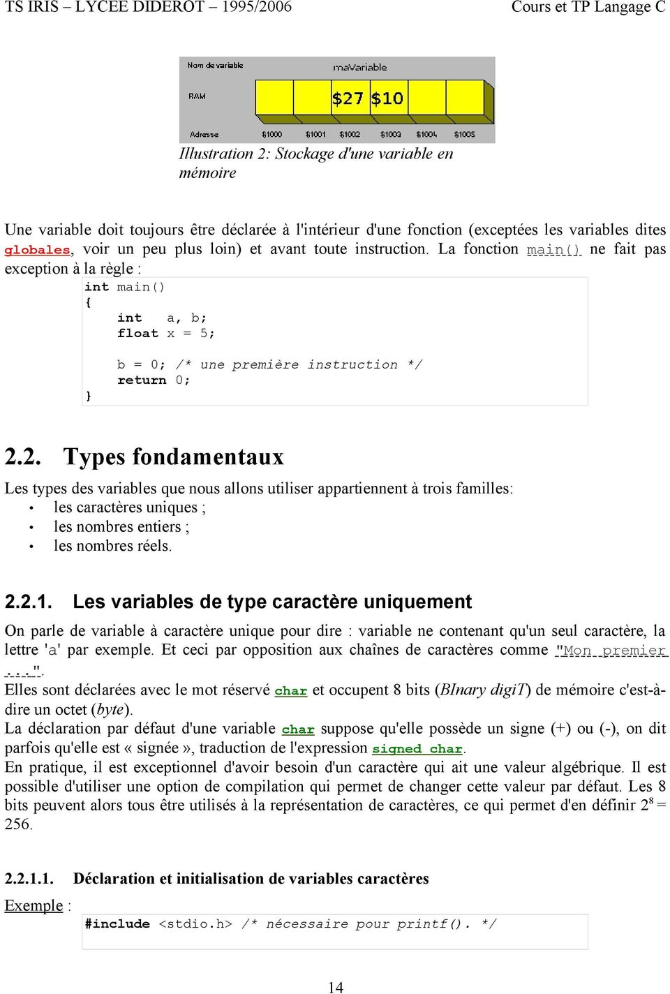 2. Types fondamentaux Les types des variables que nous allons utiliser appartiennent à trois familles: les caractères uniques ; les nombres entiers ; les nombres réels. 2.2.1.