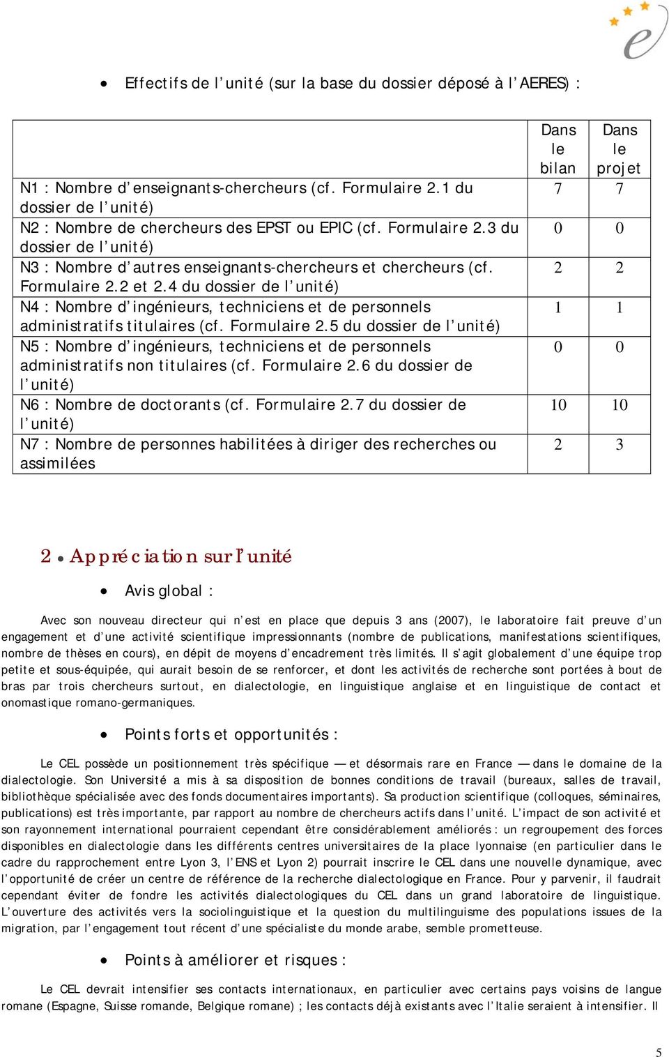 4 du dossier de l unité) N4 : Nombre d ingénieurs, techniciens et de personnels administratifs titulaires (cf. Formulaire 2.