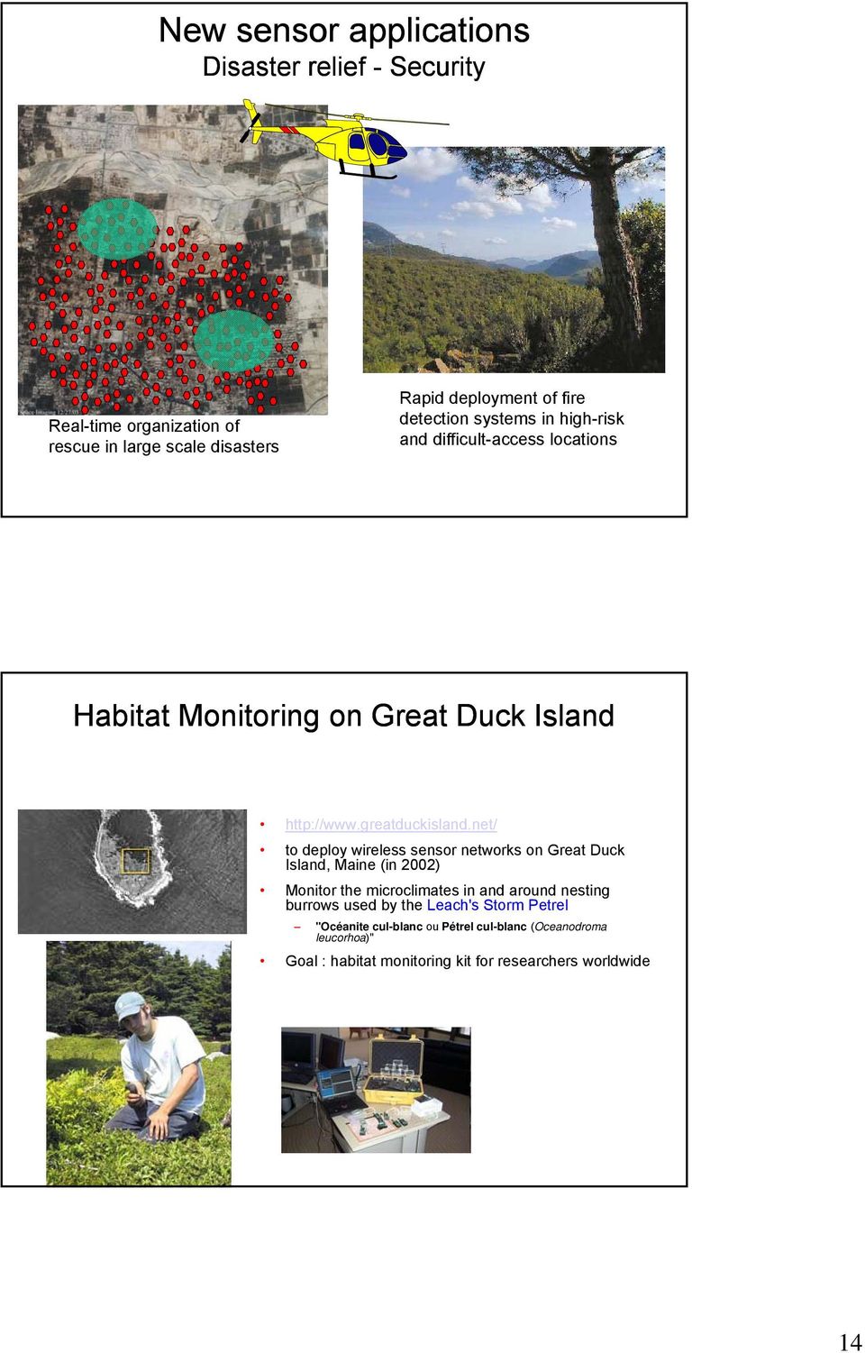 net/ to deploy wireless sensor networks on Great Duck Island, Maine (in 2002) Monitor the microclimates in and around nesting burrows used