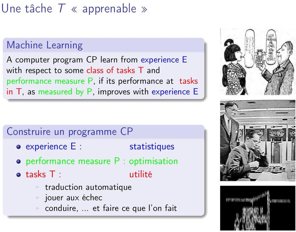 improves with experience E Construire un programme CP experience E : statistiques performance measure P