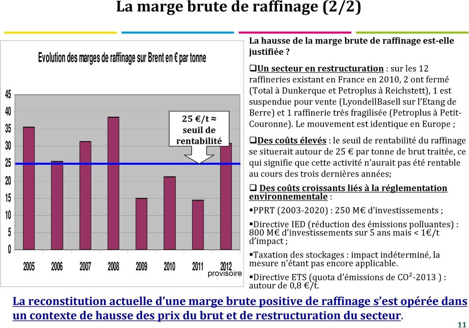 Un secteur en restructuration : sur les 12 raffineries existant en France en 2010, 2 ont fermé (Total à Dunkerque et Petroplus à Reichstett), 1 est suspendue pour vente (LyondellBasell sur l Etang de