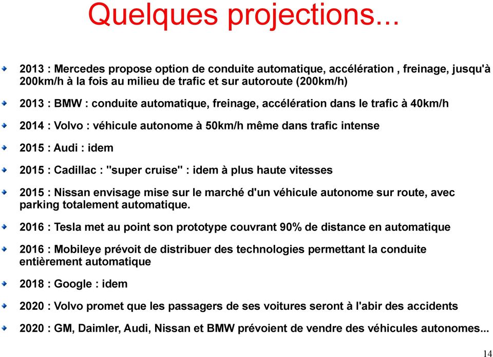 freinage, accélération dans le trafic à 40km/h 2014 : Volvo : véhicule autonome à 50km/h même dans trafic intense 2015 : Audi : idem 2015 : Cadillac : "super cruise" : idem à plus haute vitesses 2015