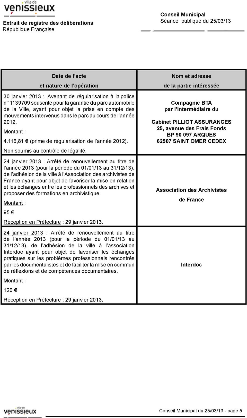 24 janvier 2013 : Arrêté de renouvellement au titre de l année 2013 (pour la période du 01/01/13 au 31/12/13), de l adhésion de la ville à l Association des archivistes de France ayant pour objet de