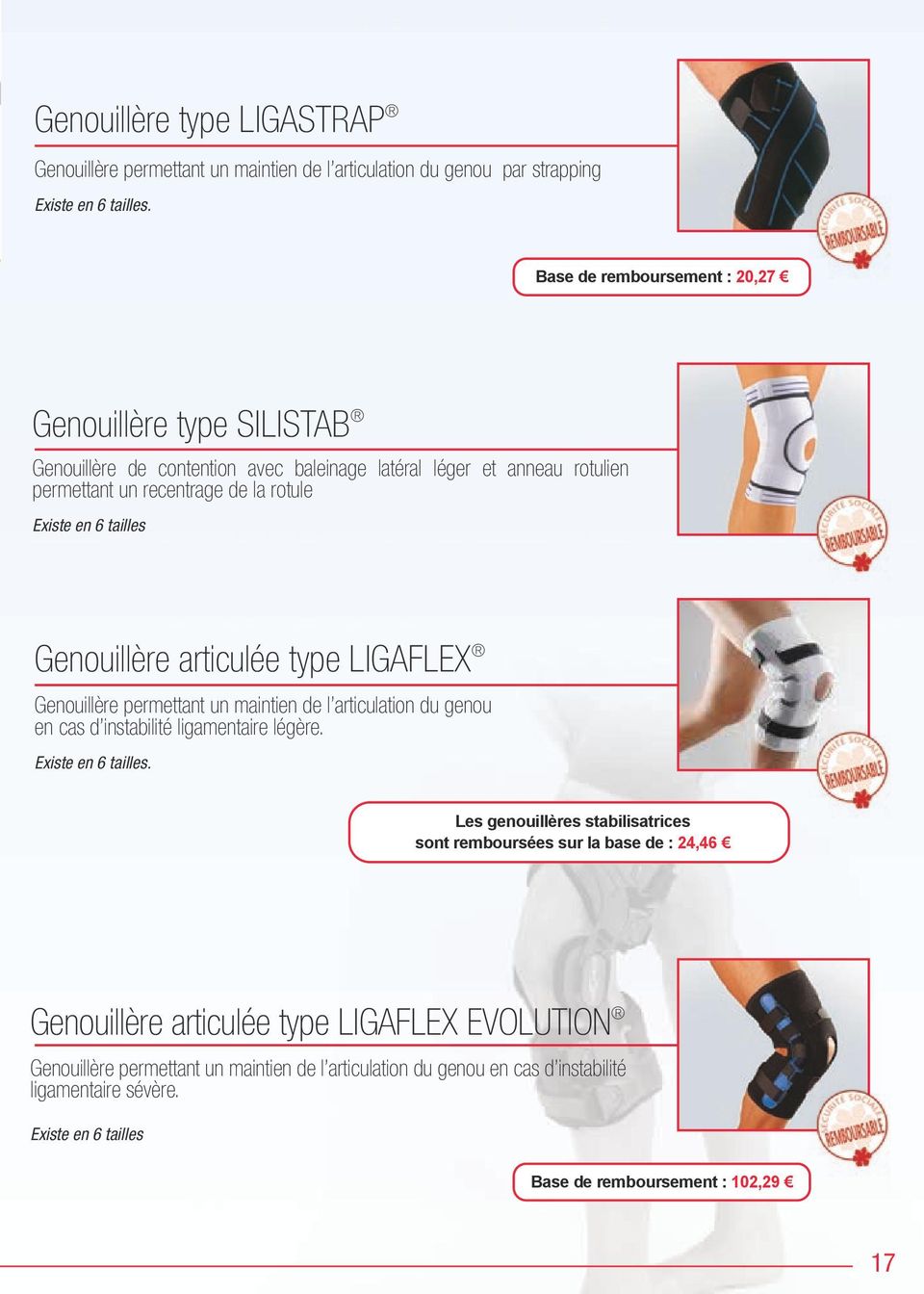 Genouillère articulée type LIGAFLEX Genouillère permettant un maintien de l articulation du genou en cas d instabilité ligamentaire légère. Existe en 6 tailles.