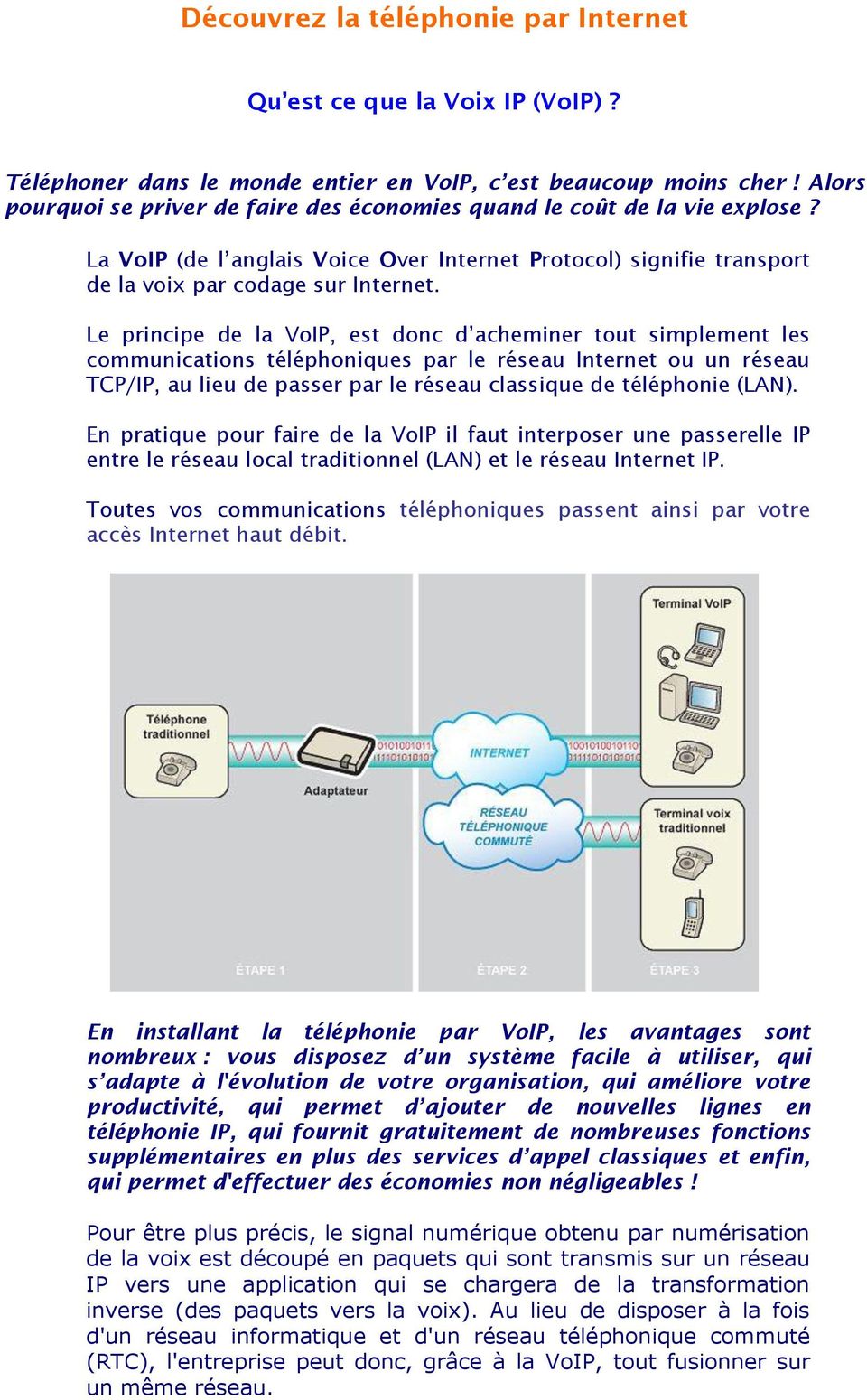 Le principe de la VoIP, est donc d acheminer tout simplement les communications téléphoniques par le réseau Internet ou un réseau TCP/IP, au lieu de passer par le réseau classique de téléphonie (LAN).