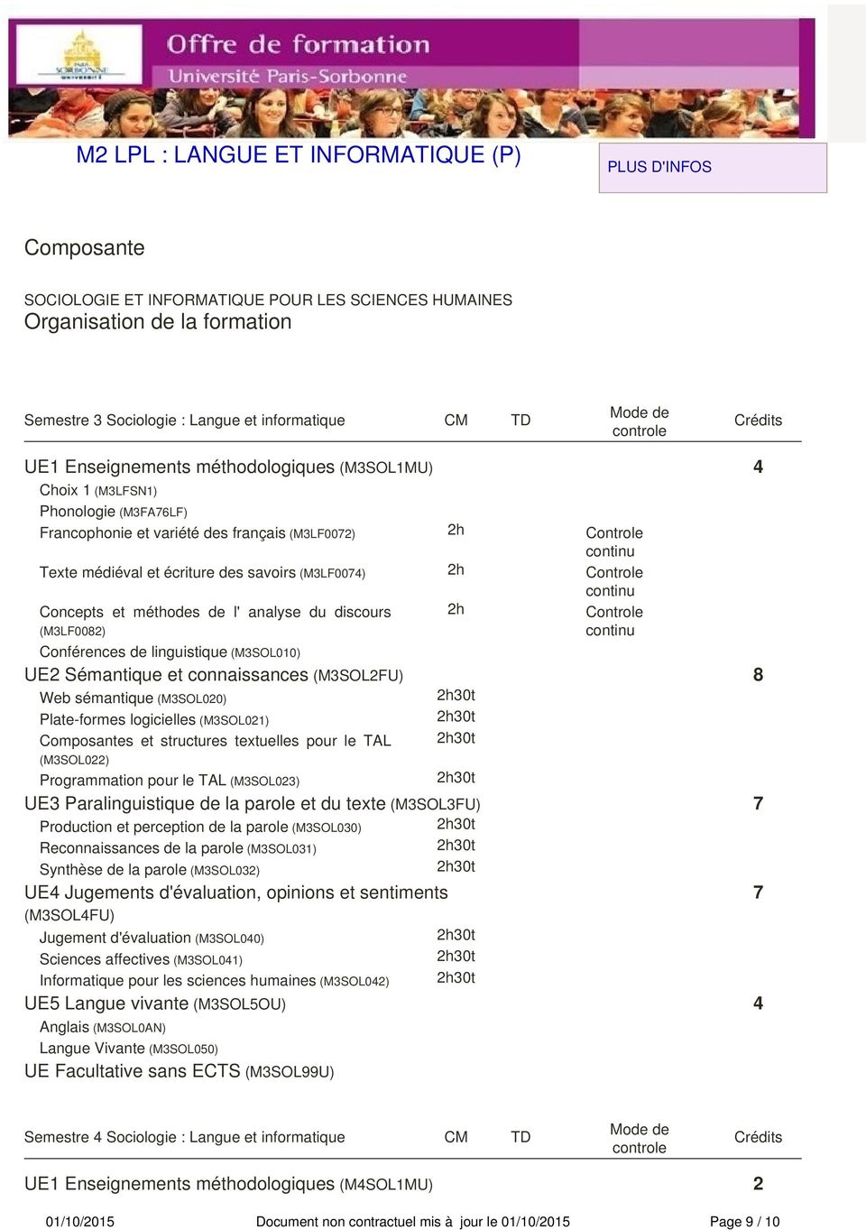 méthodes de l' analyse du discours (M3LF0082) Conférences de linguistique (M3SOL010) 2h UE2 Sémantique et connaissances (M3SOL2FU) 8 Web sémantique (M3SOL020) Plate-formes logicielles (M3SOL021)