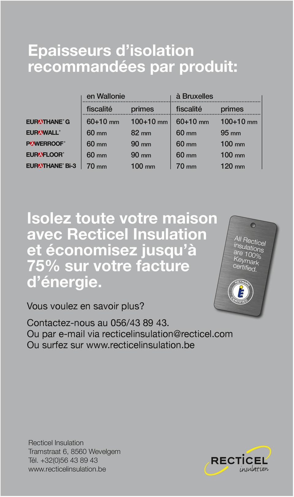 votre facture d énergie. All Recticel insulations are 100% Keymark certified. Vous voulez en savoir plus? Contactez-nous au 056/43 89 43.