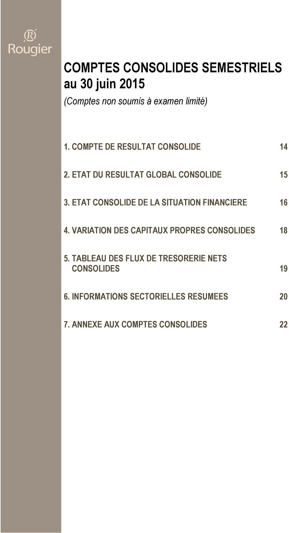 ETAT CONSOLIDE DE LA SITUATION FINANCIERE 16 4. VARIATION DES CAPITAUX PROPRES CONSOLIDES 18 5.