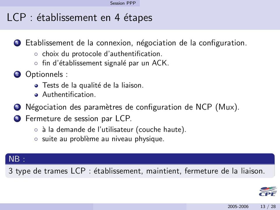 Authentification. 3 Négociation des paramètres de configuration de NCP (Mux). 4 Fermeture de session par LCP.
