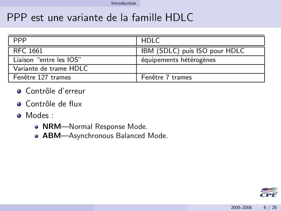 (SDLC) puis ISO pour HDLC équipements hétérogènes Fenêtre 7 trames Contrôle de