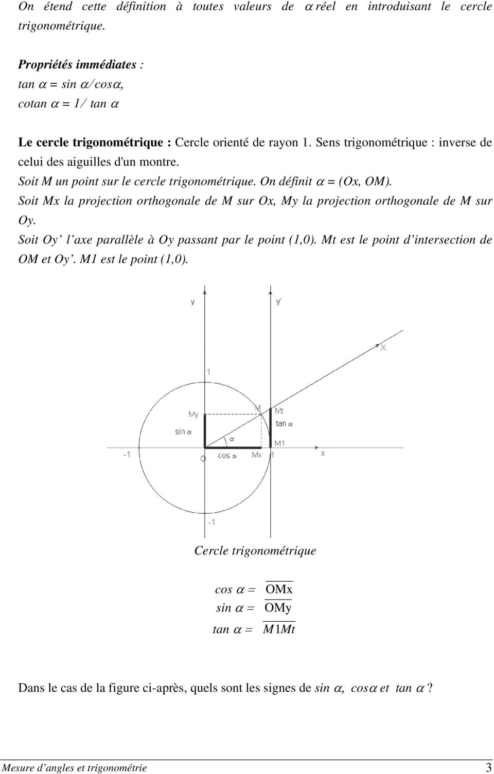 Soit M un point sur le cercle trigonométrique. On définit α = (Ox, OM). Soit Mx la projection orthogonale de M sur Ox, My la projection orthogonale de M sur Oy.